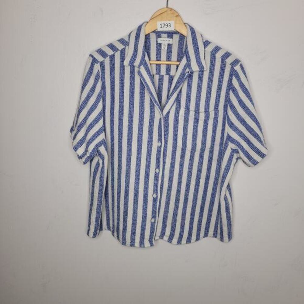 Topshop Button Up Woven Top Blue White Striped Oversized Costal Beach Size Large